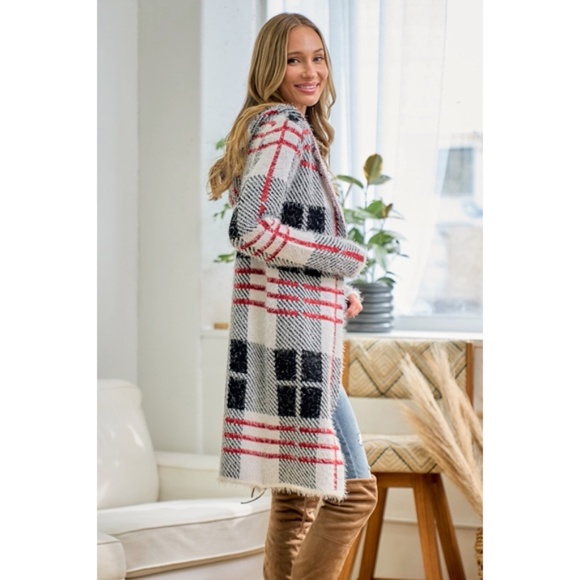 Red Ivory Fuzzy Eyelash Plaid Pattern Hooded Coatigan Cardigan Knit Sweater - Picture 3 of 4